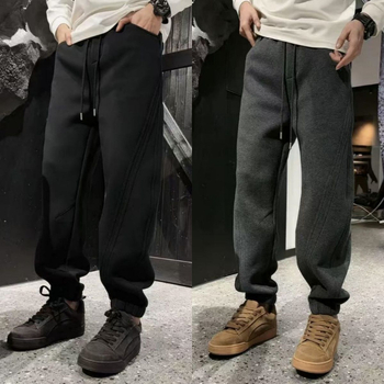 Téli férfi casual nadrág 3D-s szabással és patchworkkal, laza szabás, fleece béléssel, középmagas derekú, egyenes szár
