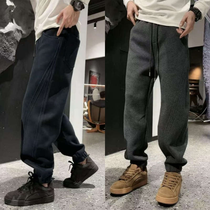 Téli férfi casual nadrág 3D-s szabással és patchworkkal, laza szabás, fleece béléssel, középmagas derekú, egyenes szár