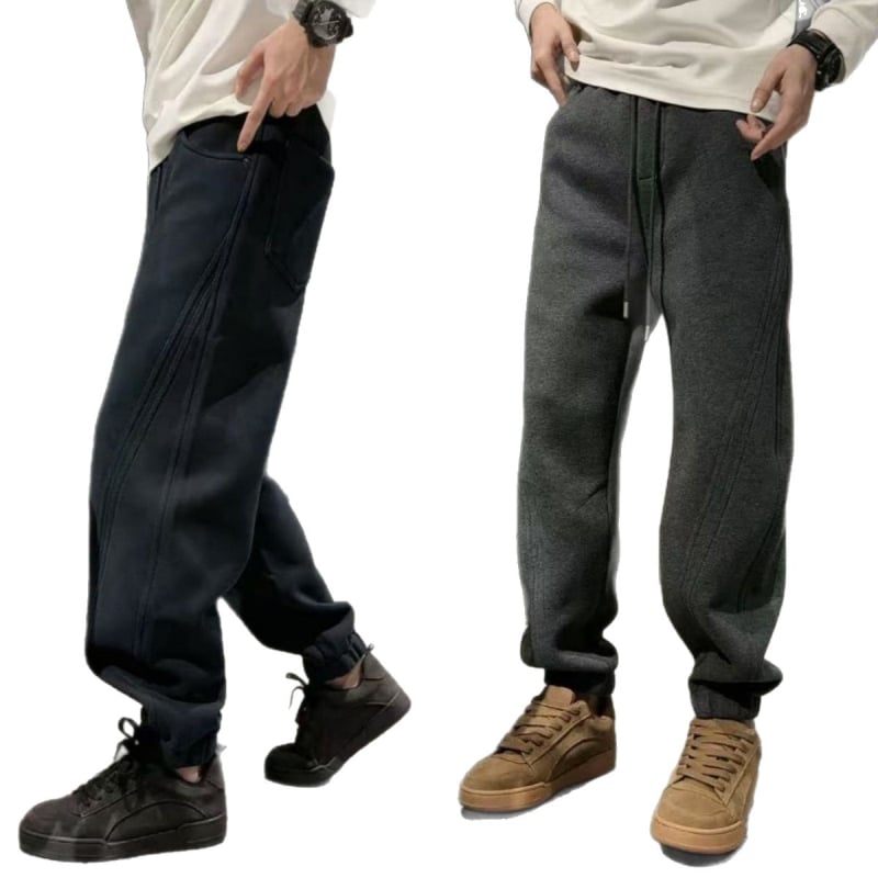Téli férfi casual nadrág 3D-s szabással és patchworkkal, laza szabás, fleece béléssel, középmagas derekú, egyenes szár