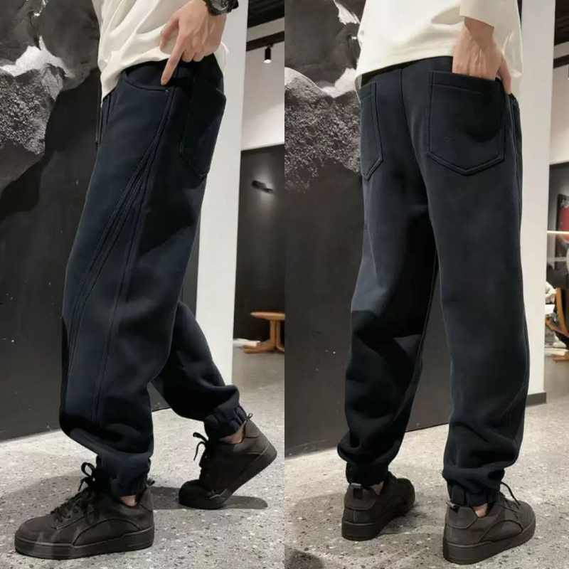 Téli férfi casual nadrág 3D-s szabással és patchworkkal, laza szabás, fleece béléssel, középmagas derekú, egyenes szár