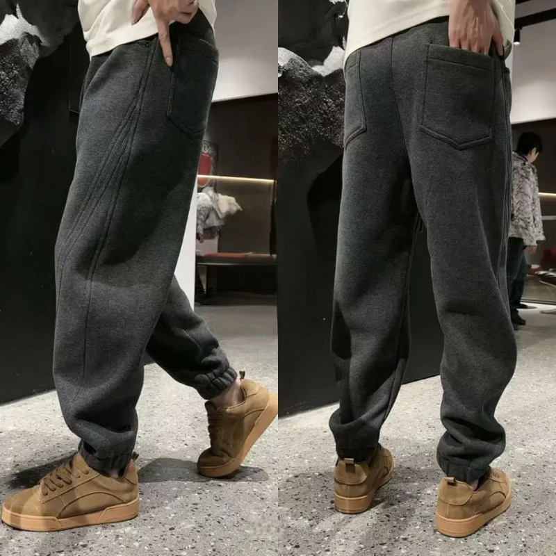 Téli férfi casual nadrág 3D-s szabással és patchworkkal, laza szabás, fleece béléssel, középmagas derekú, egyenes szár