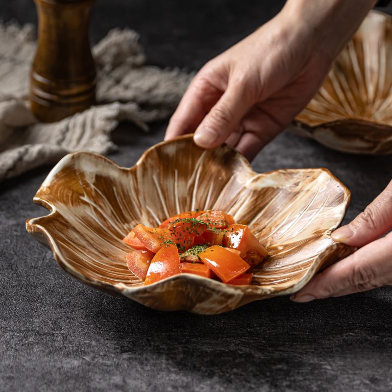 Japanski stil rustikalna keramička zdjela u obliku lotosa, za salate i voće, promjer 20 cm, glazirana keramika