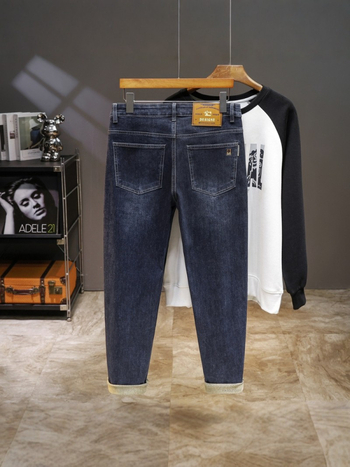 Férfi denim farmernadrág fleece-béléssel, vastag és meleg, egyenes szárú, enyhén rugalmas