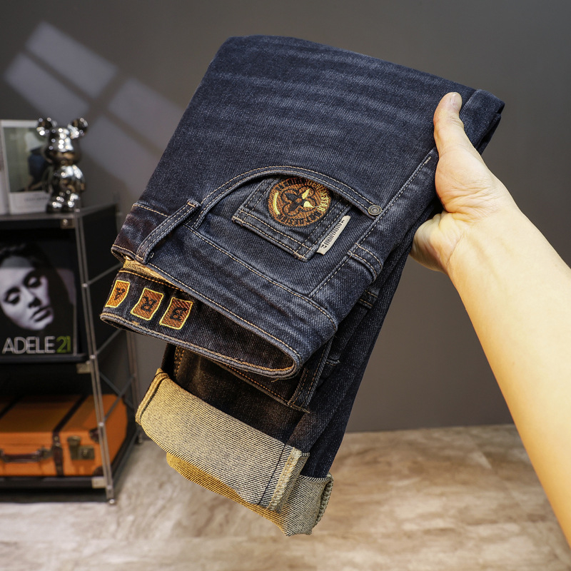 Férfi denim farmernadrág fleece-béléssel, vastag és meleg, egyenes szárú, enyhén rugalmas