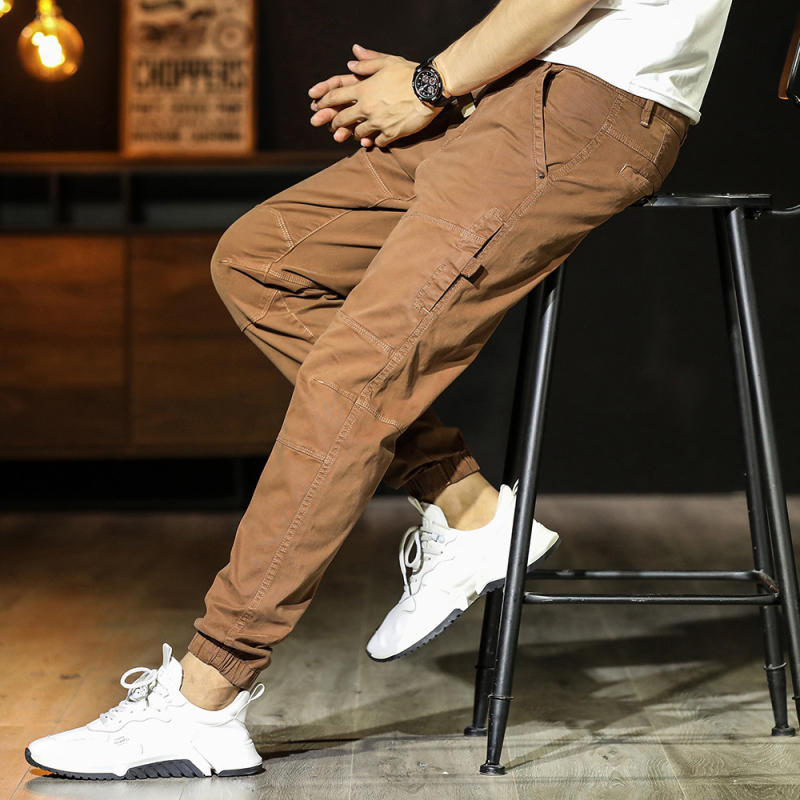Férfi pamut casual nadrág egyedi varrással, japán stílusú harém, laza szabású sportos mindennapi nadrágok