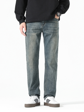 Férfi koreai stílusú farmernadrág, mosott vintage, őszi 2025, karcsú/tapered szabás, meleg fleece bélés, egyenes szárú