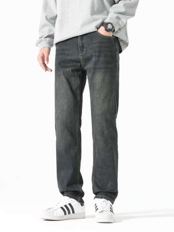 Férfi koreai stílusú farmernadrág, mosott vintage, őszi 2025, karcsú/tapered szabás, meleg fleece bélés, egyenes szárú