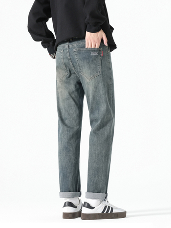 Férfi koreai stílusú farmernadrág, mosott vintage, őszi 2025, karcsú/tapered szabás, meleg fleece bélés, egyenes szárú