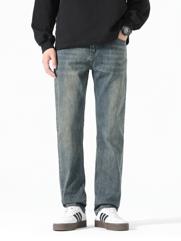 Férfi koreai stílusú farmernadrág, mosott vintage, őszi 2025, karcsú/tapered szabás, meleg fleece bélés, egyenes szárú