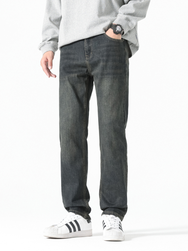 Férfi koreai stílusú farmernadrág, mosott vintage, őszi 2025, karcsú/tapered szabás, meleg fleece bélés, egyenes szárú