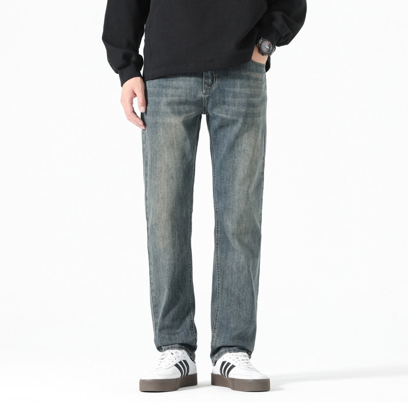 Férfi koreai stílusú farmernadrág, mosott vintage, őszi 2025, karcsú/tapered szabás, meleg fleece bélés, egyenes szárú