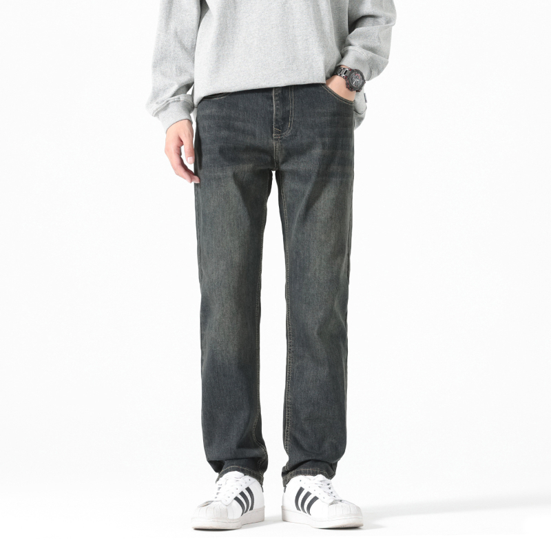 Férfi koreai stílusú farmernadrág, mosott vintage, őszi 2025, karcsú/tapered szabás, meleg fleece bélés, egyenes szárú