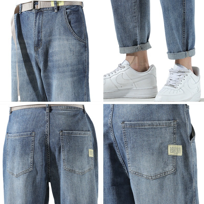Hao Ting férfi nyári világos denim nadrág – lazán szabott, rugalmas anyag, 3/4 hossz, koreai stílus, egyenes szárú, mindennapi viselet