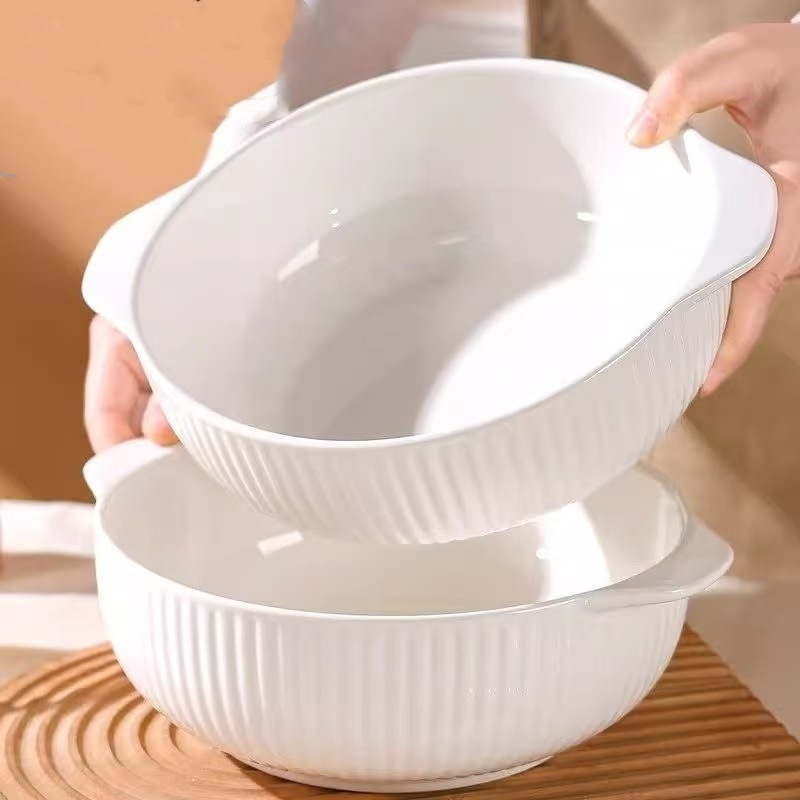 Velika keramička zdjela za juhu, kućna upotreba, s dvije ručke, minimalistički dizajn, pogodna za kuhanu ribu.