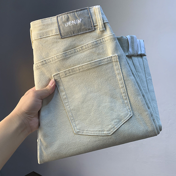 Muške casual traperice od denima, jesenja kolekcija, slim-fit uz lagano opuštenu ravnu nogavicu, bež boja, osnovni stil, vrhunska kvaliteta