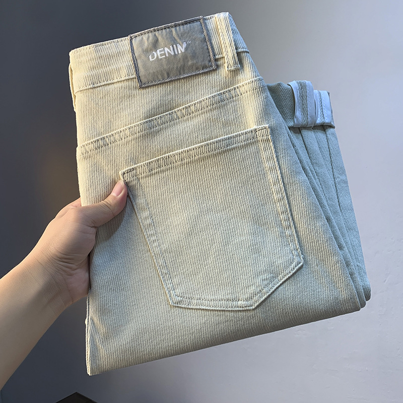 Muške casual traperice od denima, jesenja kolekcija, slim-fit uz lagano opuštenu ravnu nogavicu, bež boja, osnovni stil, vrhunska kvaliteta
