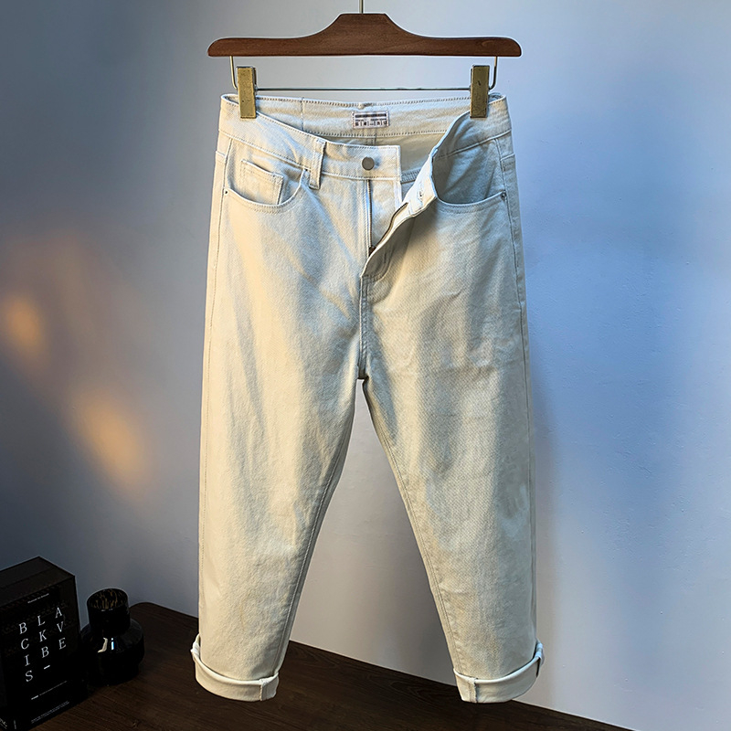 Muške casual traperice od denima, jesenja kolekcija, slim-fit uz lagano opuštenu ravnu nogavicu, bež boja, osnovni stil, vrhunska kvaliteta