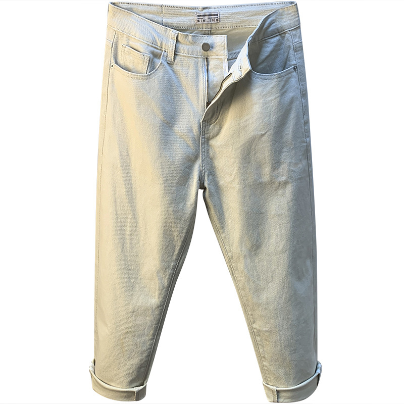 Muške casual traperice od denima, jesenja kolekcija, slim-fit uz lagano opuštenu ravnu nogavicu, bež boja, osnovni stil, vrhunska kvaliteta