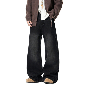 Férfiaknak készült amerikai stílusú farmernadrág fleece-betéttel, őszi–téli szezonra, vastag, lazán illeszkedő szabás, vintage mosott, egyenes szárú