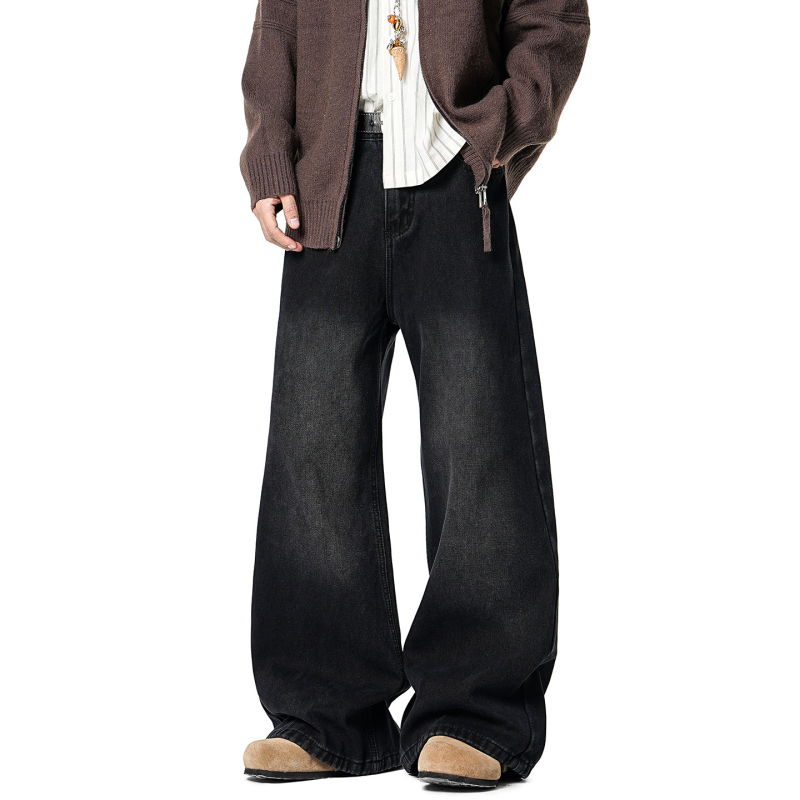 Férfiaknak készült amerikai stílusú farmernadrág fleece-betéttel, őszi–téli szezonra, vastag, lazán illeszkedő szabás, vintage mosott, egyenes szárú