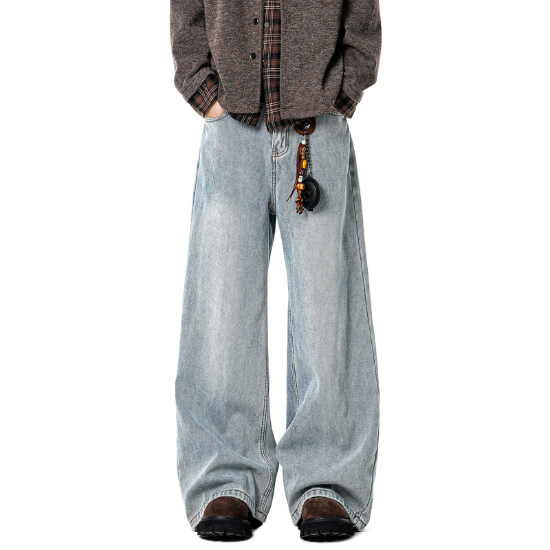 Férfiaknak készült amerikai stílusú farmernadrág fleece-betéttel, őszi–téli szezonra, vastag, lazán illeszkedő szabás, vintage mosott, egyenes szárú