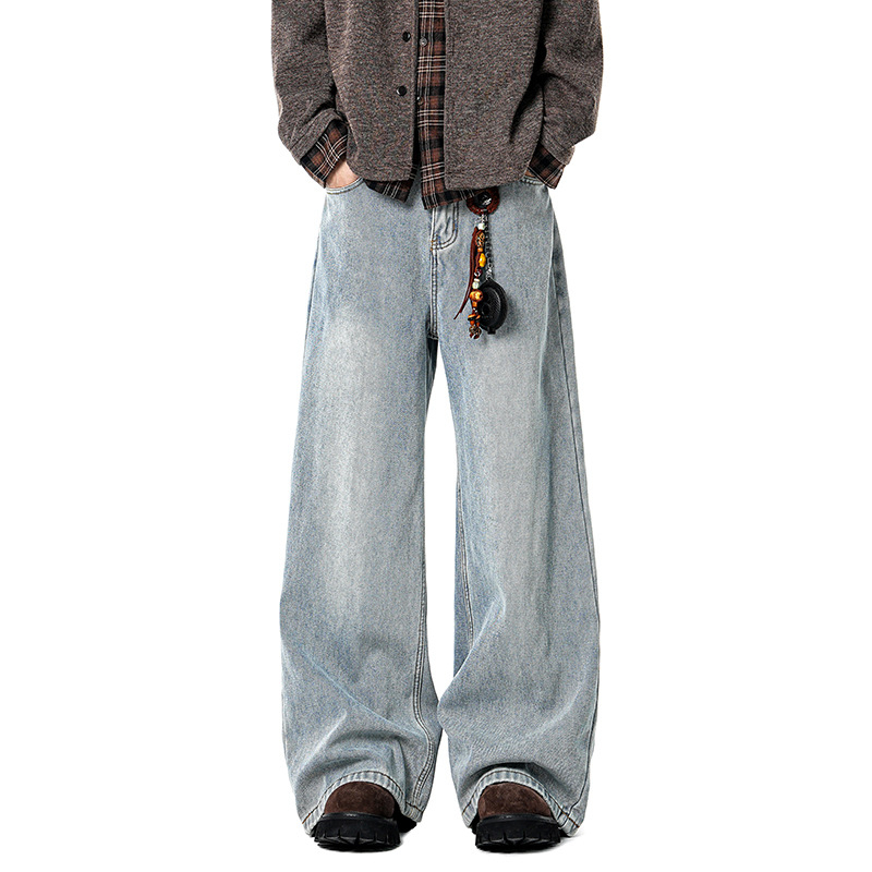Férfiaknak készült amerikai stílusú farmernadrág fleece-betéttel, őszi–téli szezonra, vastag, lazán illeszkedő szabás, vintage mosott, egyenes szárú