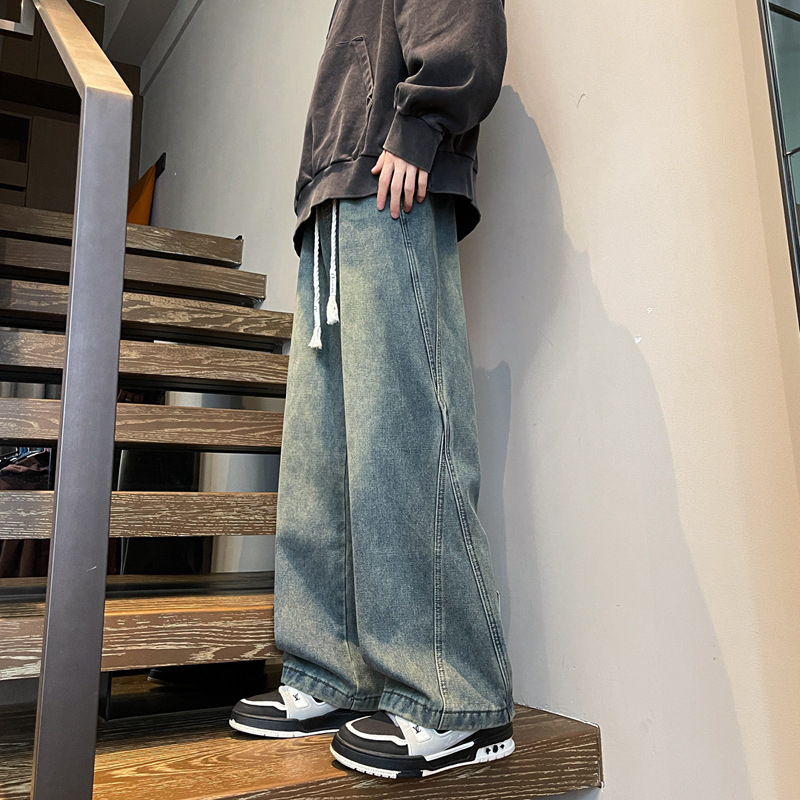 Magas férfiaknak készült farmernadrág, széles szárú, egyenes szabású, mindennapi amerikai streetwear stílus