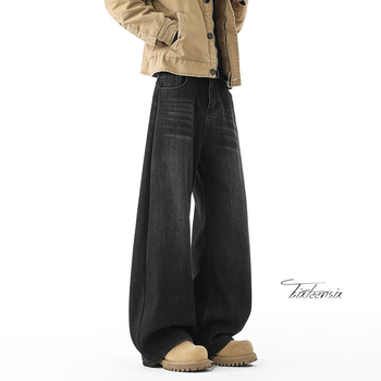 Férfi denim farmernadrág fleece-béléssel és bambusz mintázattal, lazán szabott, őszi-téli