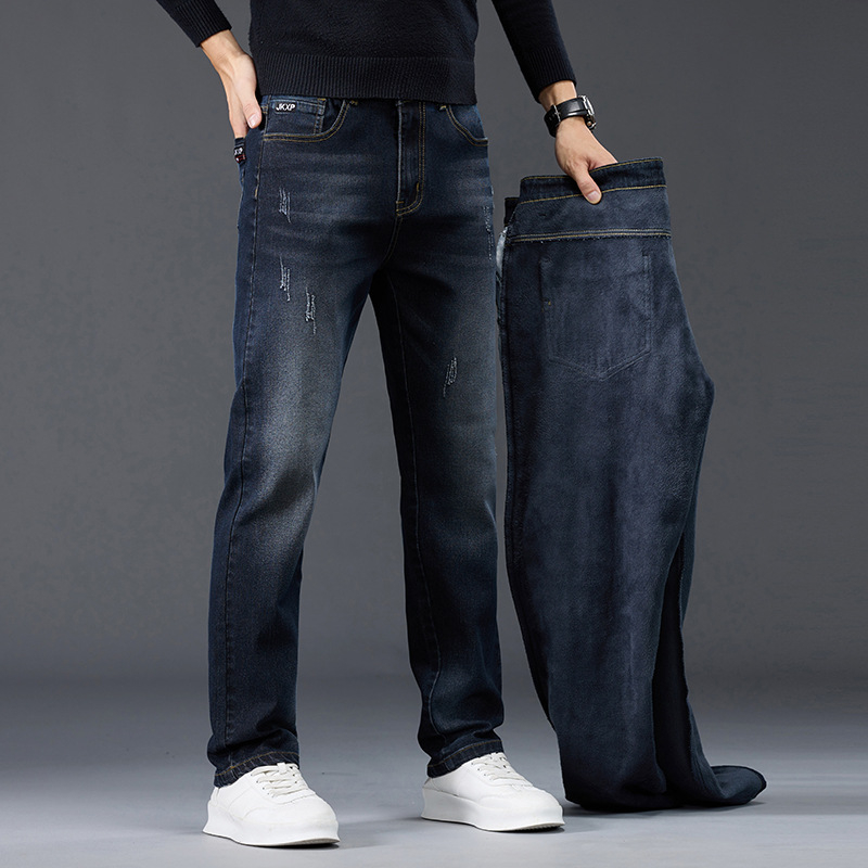 Férfi farmernadrág fleece belsővel, laza szabású, egyenes szárú, őszi–téli 2025, sokoldalú casual denim