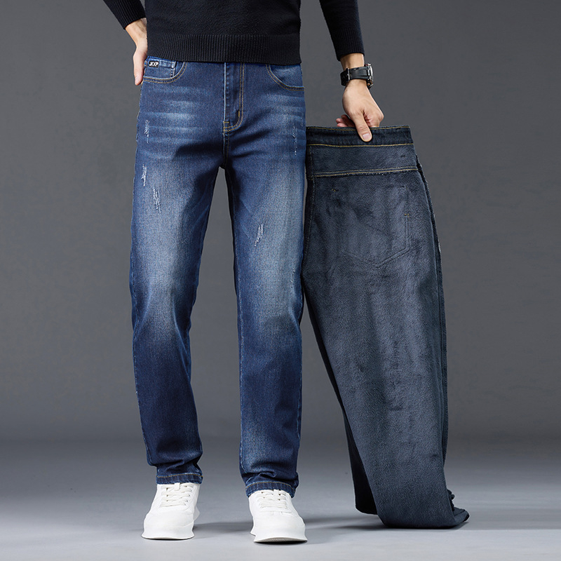 Férfi farmernadrág fleece belsővel, laza szabású, egyenes szárú, őszi–téli 2025, sokoldalú casual denim