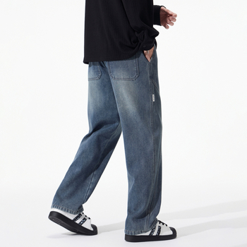 Férfi fleece-béléssel ellátott denim nadrág, amerikai utcai stílus, őszi–téli szezonra, laza egyenes szabású, húzózsinórral