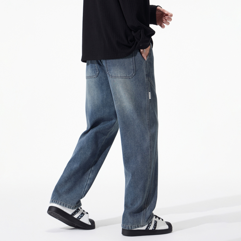 Férfi fleece-béléssel ellátott denim nadrág, amerikai utcai stílus, őszi–téli szezonra, laza egyenes szabású, húzózsinórral