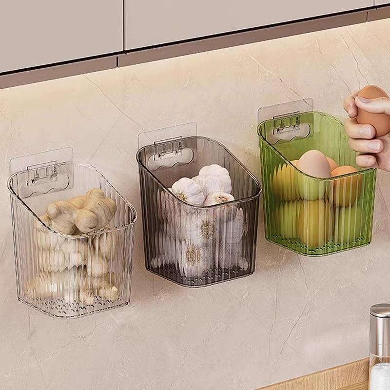 Plastični zidni koš za skladištenje luka, đumbira i češnjaka — kuhinjski i kupaonski visi organizator za voće i povrće