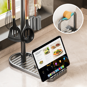 Forgó konyhai eszközök tartója, munkalapra helyezhető, spatula- és kanál akasztókkal