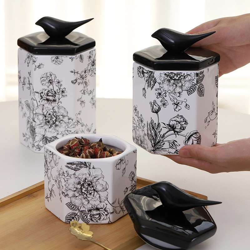 Porcelanska posuda u retro stilu s motivom cvijeća i ptica, šesterokutni oblik, za kuhinju i skladištenje, zaptivni poklopac, dekorativni predmet
