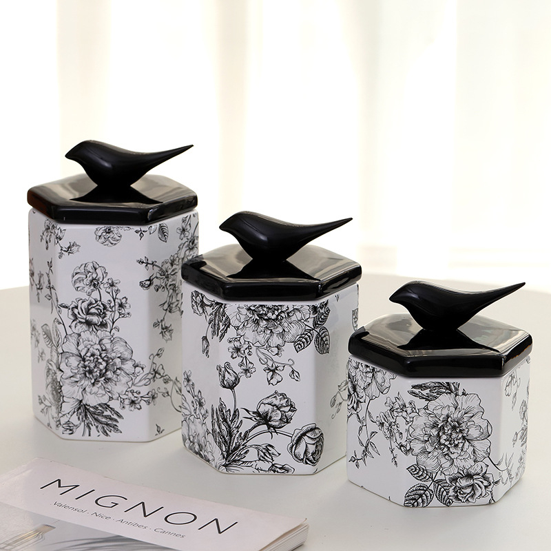 Porcelanska posuda u retro stilu s motivom cvijeća i ptica, šesterokutni oblik, za kuhinju i skladištenje, zaptivni poklopac, dekorativni predmet