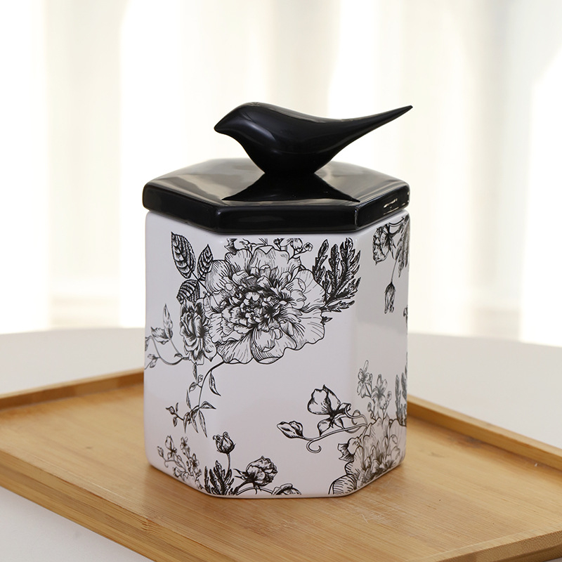 Porcelanska posuda u retro stilu s motivom cvijeća i ptica, šesterokutni oblik, za kuhinju i skladištenje, zaptivni poklopac, dekorativni predmet