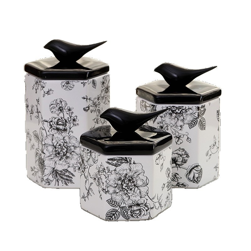Porcelanska posuda u retro stilu s motivom cvijeća i ptica, šesterokutni oblik, za kuhinju i skladištenje, zaptivni poklopac, dekorativni predmet