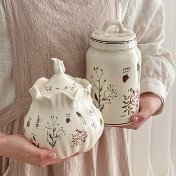 Ceramicni spremnik za skladištenje s poklopcem, okrugli oblik, retro šumski stil, dekor za kuhinju i dnevni boravak, 800–1000 ml