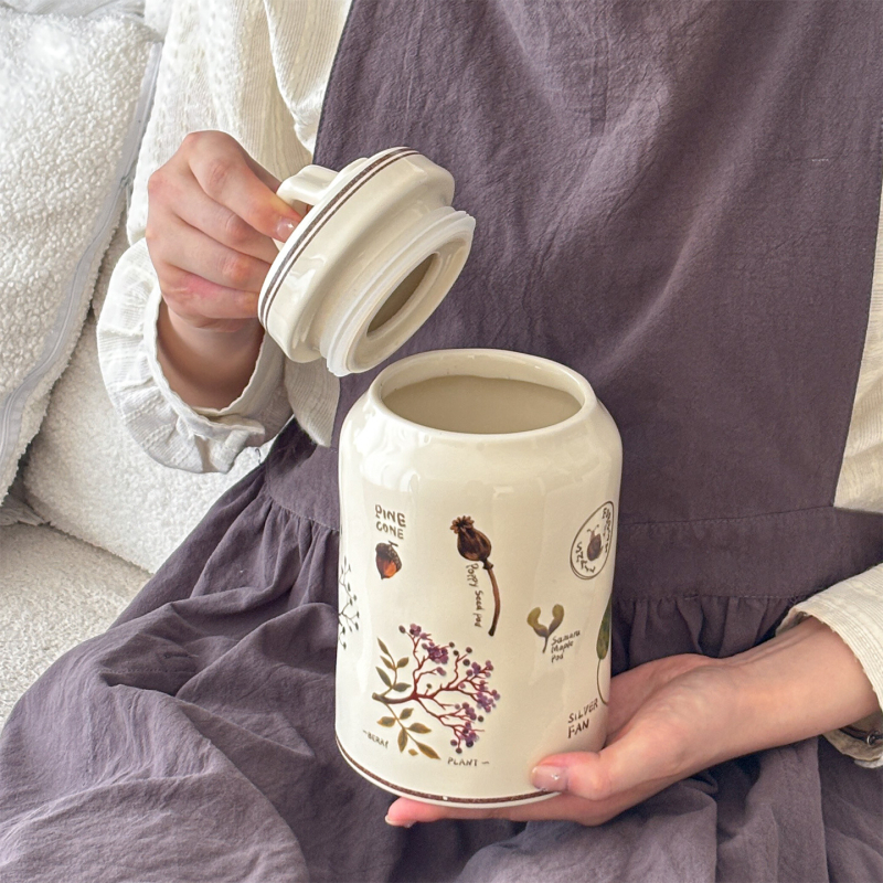 Ceramicni spremnik za skladištenje s poklopcem, okrugli oblik, retro šumski stil, dekor za kuhinju i dnevni boravak, 800–1000 ml