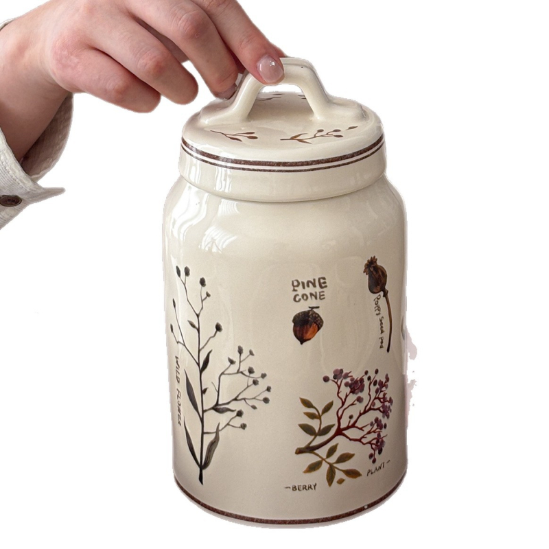 Ceramicni spremnik za skladištenje s poklopcem, okrugli oblik, retro šumski stil, dekor za kuhinju i dnevni boravak, 800–1000 ml