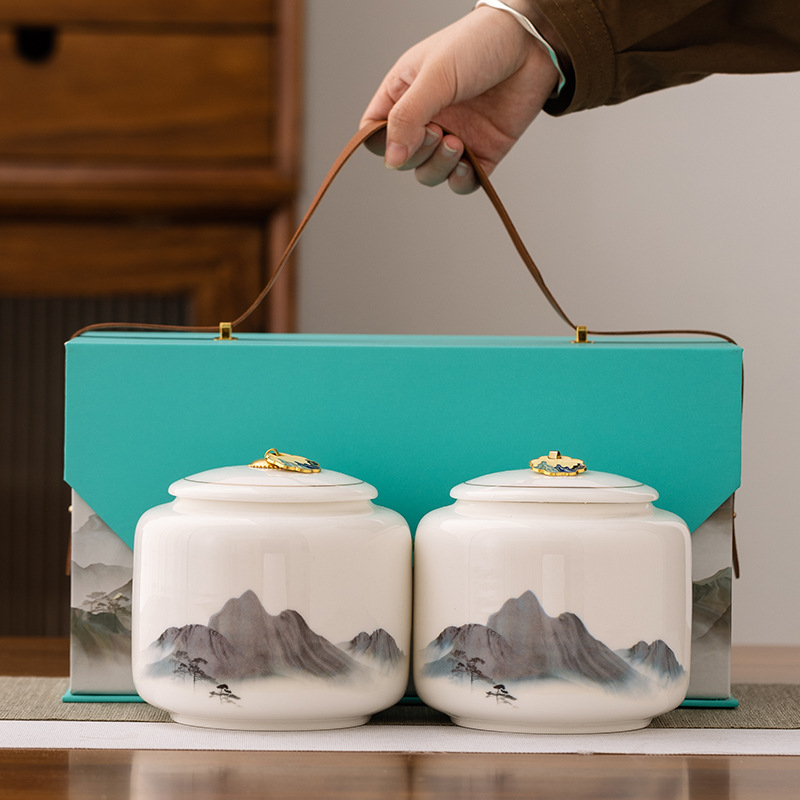 Veliki dvostruki keramički čajni set u darovnoj kutiji s praznim posudama za čaj — zeleni čaj, crni čaj, Longjing, Dianhong, Pu'er