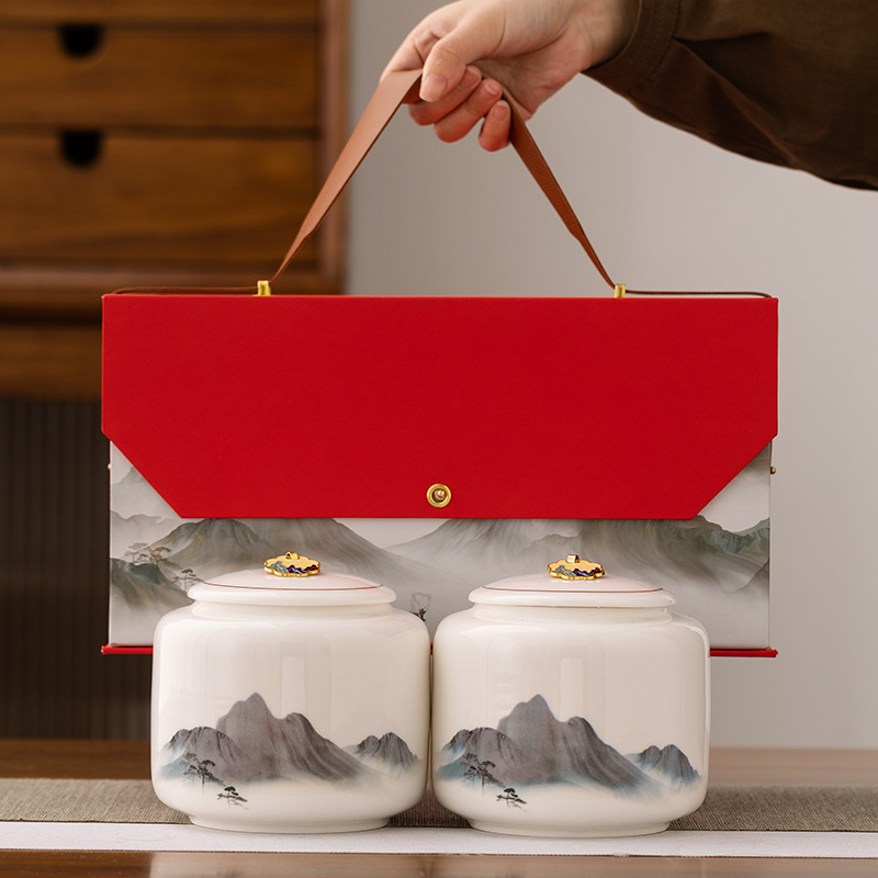 Veliki dvostruki keramički čajni set u darovnoj kutiji s praznim posudama za čaj — zeleni čaj, crni čaj, Longjing, Dianhong, Pu'er