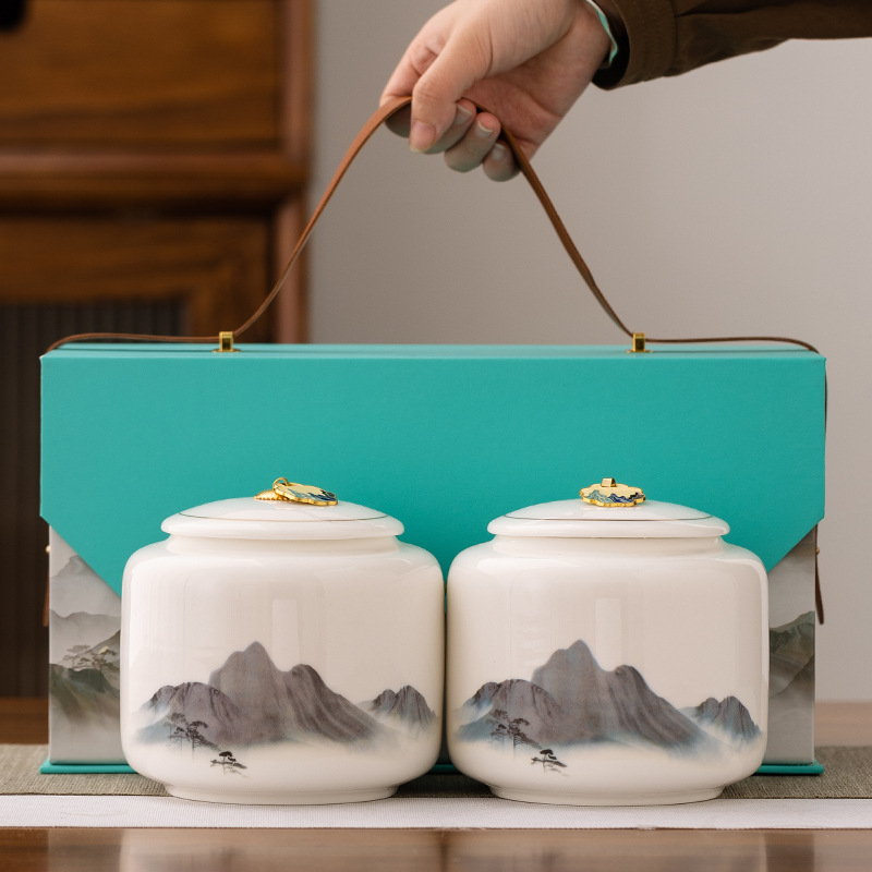 Veliki dvostruki keramički čajni set u darovnoj kutiji s praznim posudama za čaj — zeleni čaj, crni čaj, Longjing, Dianhong, Pu'er