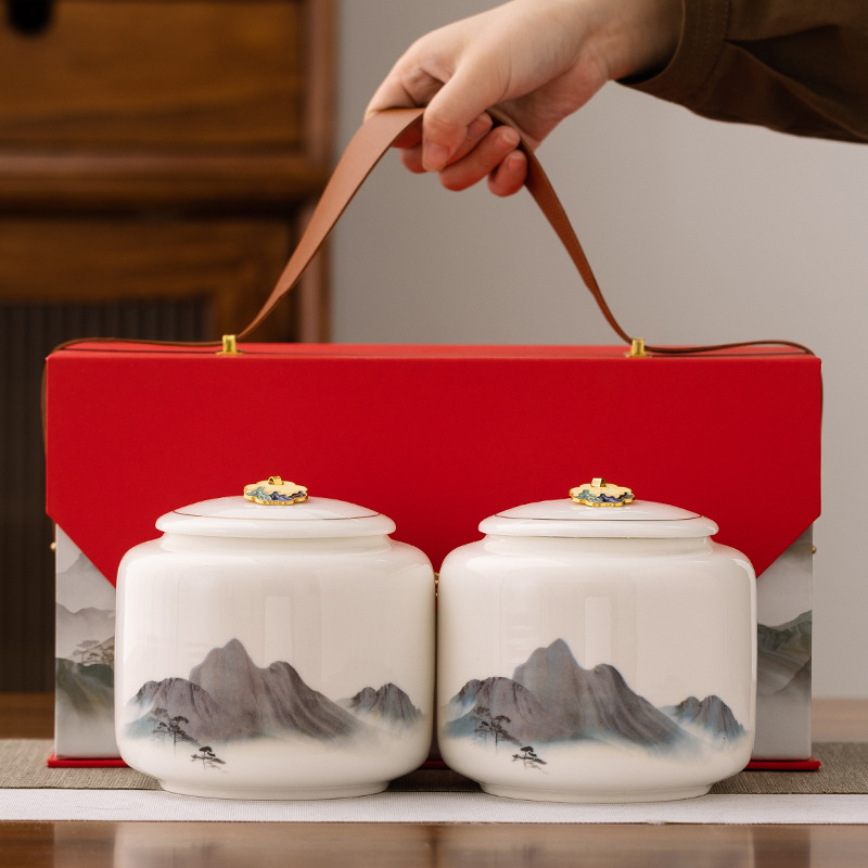Veliki dvostruki keramički čajni set u darovnoj kutiji s praznim posudama za čaj — zeleni čaj, crni čaj, Longjing, Dianhong, Pu'er