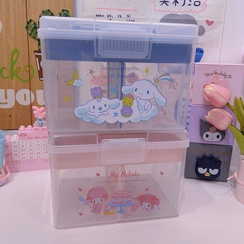 Prozirna prenosna dvostruka kutija za pohranu s motivima Cinnamoroll i My Melody – slatka kutija za lijekove, bilježnice i uredski pribor.