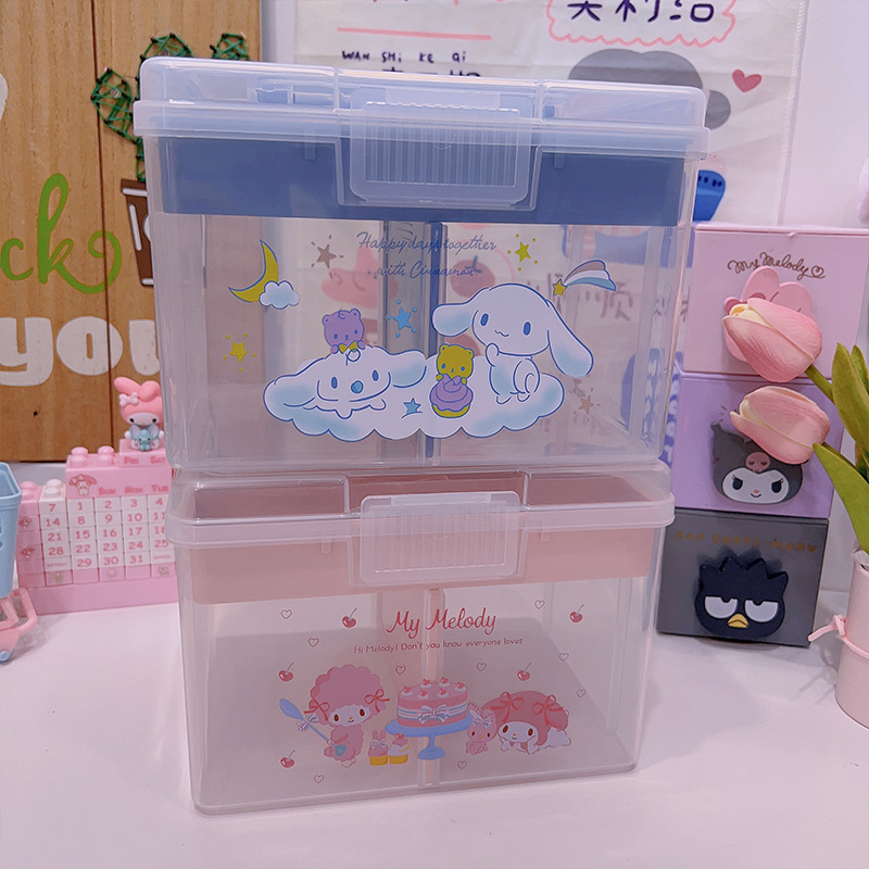 Prozirna prenosna dvostruka kutija za pohranu s motivima Cinnamoroll i My Melody – slatka kutija za lijekove, bilježnice i uredski pribor.