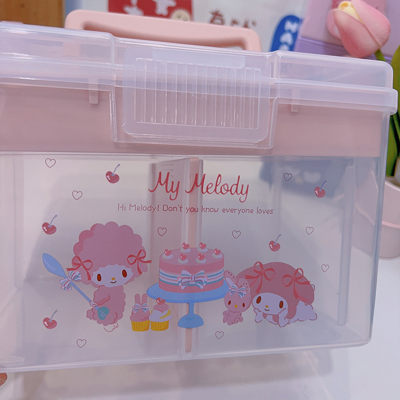 Prozirna prenosna dvostruka kutija za pohranu s motivima Cinnamoroll i My Melody – slatka kutija za lijekove, bilježnice i uredski pribor.
