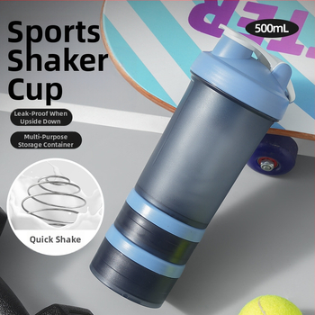 Cană de shaker din plastic cu trei compartimente și cutie pentru pulbere, pentru fitness