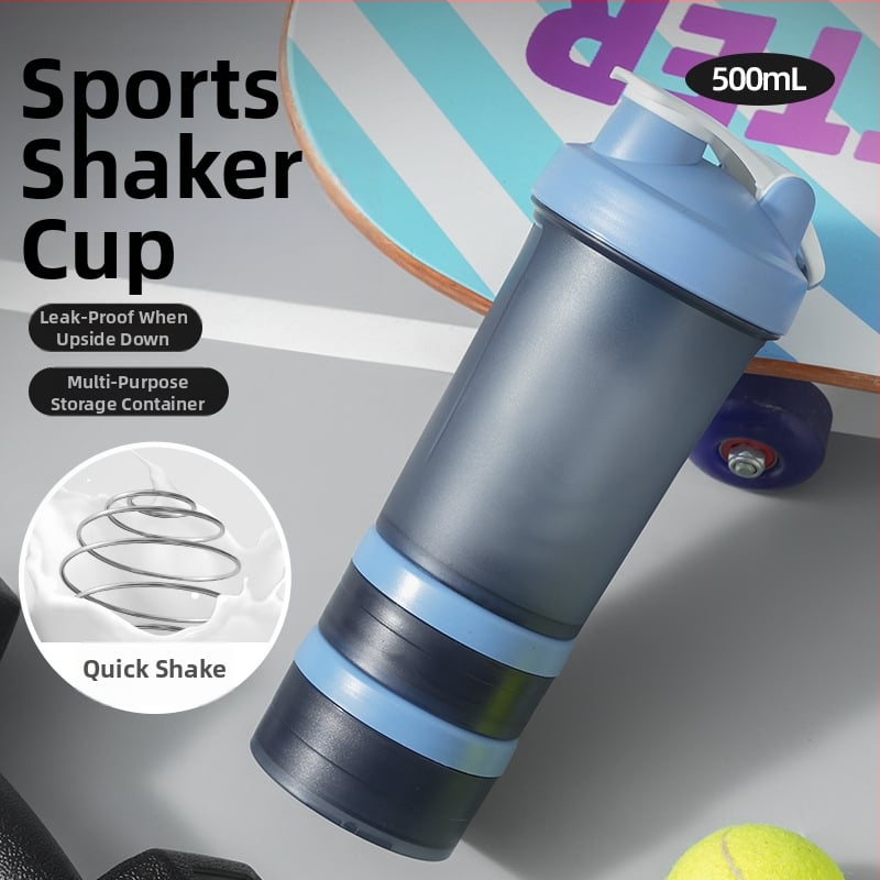 Cană de shaker din plastic cu trei compartimente și cutie pentru pulbere, pentru fitness